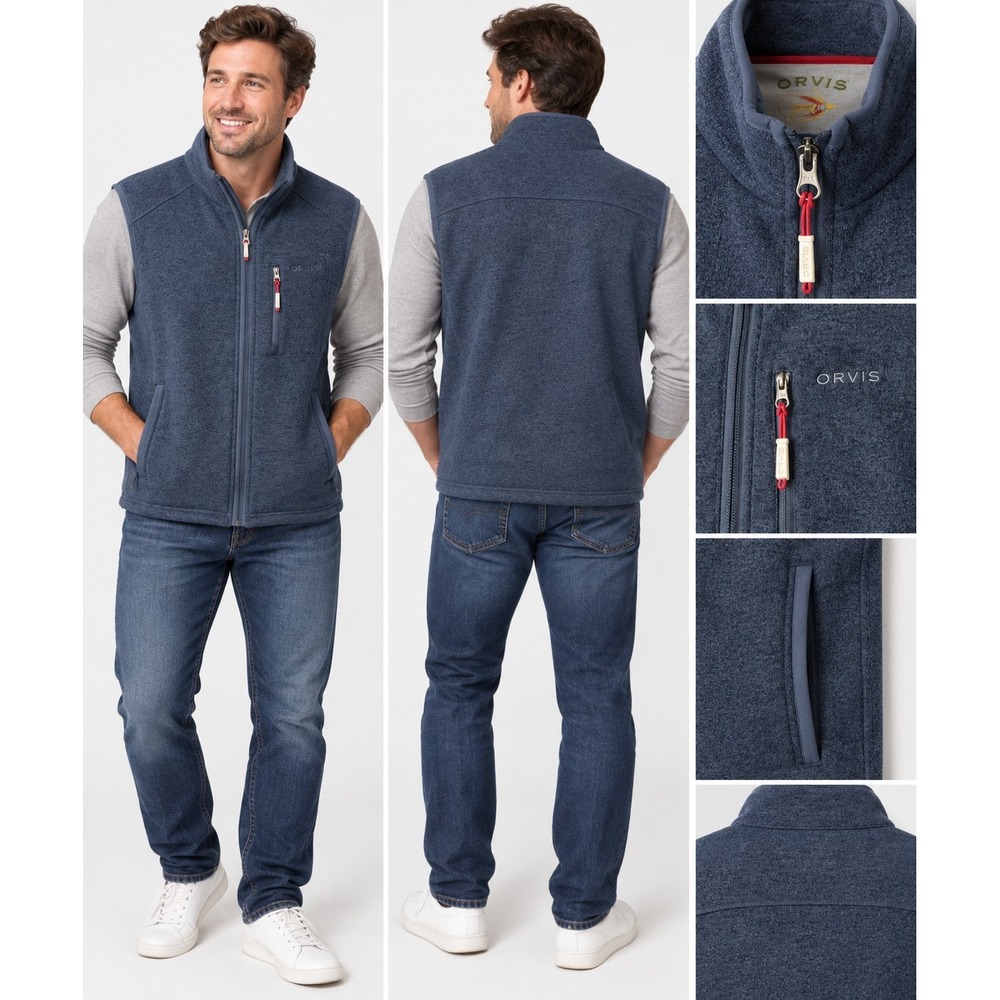 Orvis Denali Sweater Fleece Vest Mens Navy Heather Size L Media Friendly Pocket